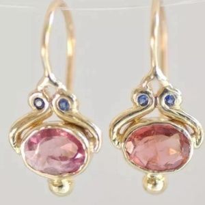 - Beautiful 18k gold earrings blue sapphire & pink tourmaline 1.5”